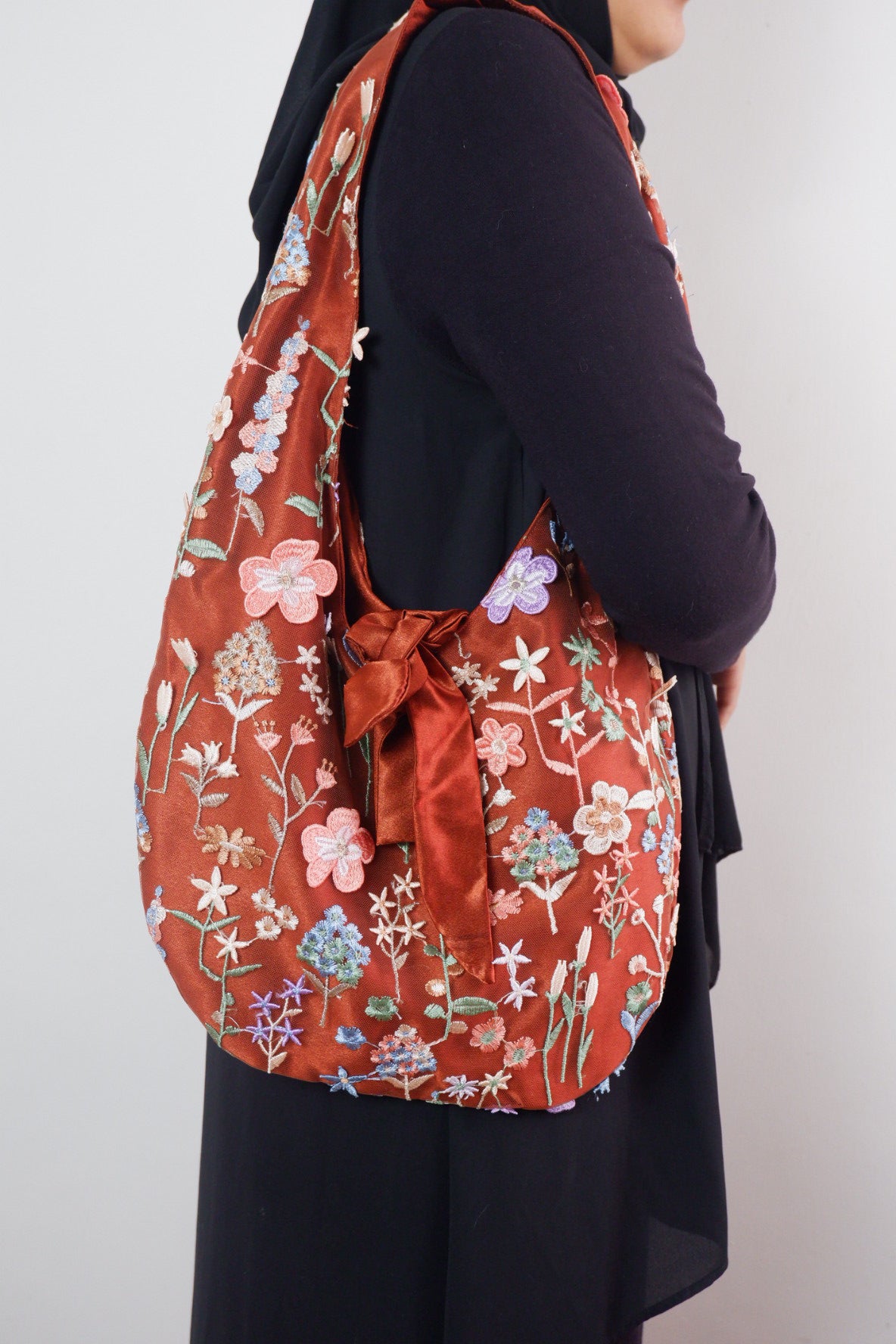 Crimson Bloom Embroidered Handbag